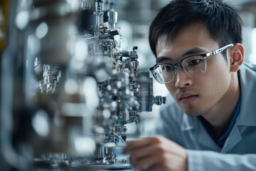 Poster - Scientist examines intricate machinery in a high-tech laboratory during a research session