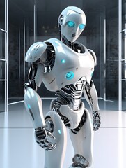 Aufkleber - Intricately designed AI robot with sleek metallic joints and glowing cyan eyes, futuristic laboratory setting with holographic interfaces, clean white tones creating a modern aesthetic