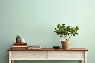 Poster - modern wooden table with green potted plant and stack of books against soft teal wall for home decor