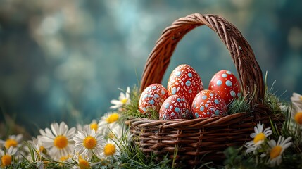 An easter celebration side view of artfully painted eggs in old fashioned basket set amongst grass and countryside flowers on grainy azure background with space for text.