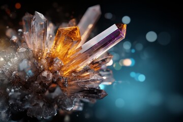 Poster - Stunning close-up of vibrant crystal cluster showcasing various colors and unique formations against a dark background