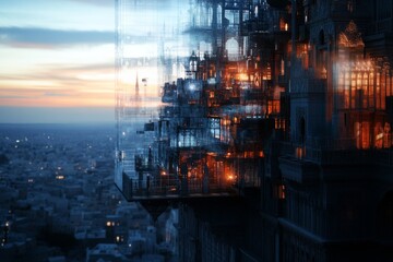 Poster - Futuristic urban landscape with glowing structures and twilight skyline