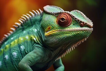 Poster - captivating close-up of a vibrant green chameleon with intricate texture and detailed features in a 