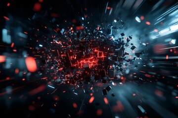 Aufkleber - Dynamic explosion of colorful particles in a futuristic environment with glowing lights and abstract shapes