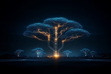 Poster - Illuminated tree in a dark landscape with digital circuitry resembling nature's harmonies at night