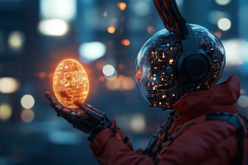Poster - Robot in a futuristic city holding a glowing orb while showcasing advanced technology with a vibrant urban background in the evening