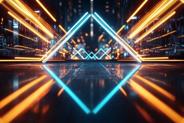 Poster - Dynamic light installation creates vibrant reflections in urban environment at night