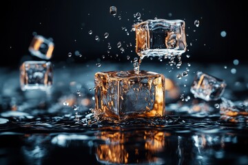 Poster - Shimmering ice cubes splash in dark water creating captivating droplets and reflections