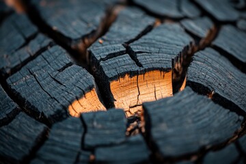 Poster - Beautiful close-up of a cracked wooden surface illuminated by soft light at dusk