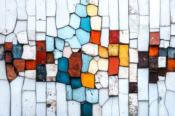 Poster - Colorful mosaic tiles create an abstract pattern on a wall in an urban setting during daylight hours