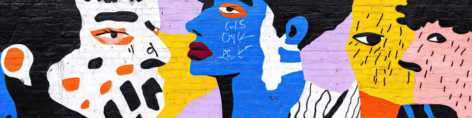 Poster - Abstract Mural of Stylized Faces on Brick Wall
