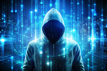 anonymous hacker, digital data stream, cybersecurity threat, binary code background