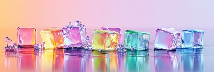 Fototapete - A vibrant arrangement of colorful ice cubes melting on a reflective surface, creating a stunning and artistic visual effect. with copyspace