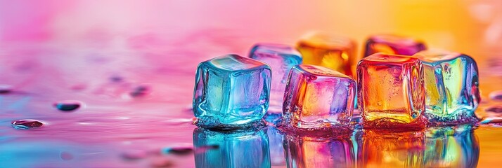 Fototapete - A vibrant arrangement of colorful ice cubes melting on a reflective surface, creating a stunning and artistic visual effect. with copyspace