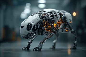 Poster - Robot animal exploring a futuristic industrial space with intricate mechanical details and glowing components