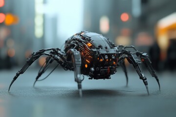 Poster - Futuristic robotic spider exploring a bustling urban street at dusk with glowing lights and a sleek design