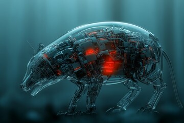Poster - Futuristic robotic rodent exhibits intricate design and glowing features in a dark environment