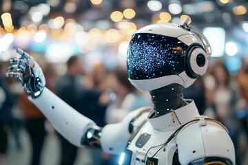 Poster - Robot engages with an audience at a technology exhibition showcasing artificial intelligence innovations