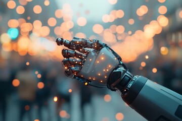 Poster - Robot hand reaching out amid glowing lights in a bustling city environment during twilight hours