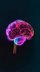 Poster - Slow motion animation of a colorful, stylized, rotating human brain, isolated on a dark background, useful for medical and scientific presentations