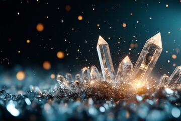 Poster - Shimmering quartz crystals glistening in a dark environment with sparkling lights reflecting nearby