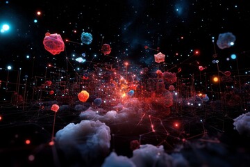 Poster - Exploration of a vibrant cosmic landscape with particles and clouds in a vast dark universe