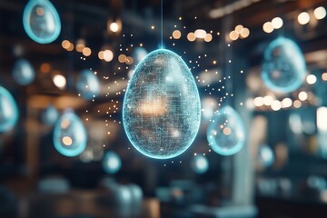 Poster - Floating digital eggs illuminate a modern space with ambient lighting and creative design elements