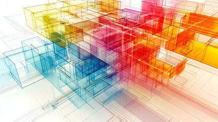 Poster - A conceptual diagram depicting the of a complex system through an intricate arrangement of geometric structures gradient colors and interconnected parts