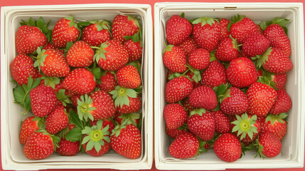 Two baskets of strawberries with a white background