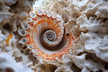 Poster - Beautiful spiral seashell resting among textured coral formations on a sunny coastal day