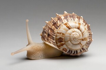 Poster - Snail slowly moving beside its beautiful shell on a neutral background in a calm and serene setting
