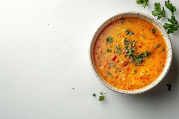 Wall Mural - A vibrant bowl of soup topped with fresh herbs, set against a light background, showcasing its rich color and inviting texture.