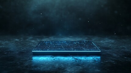Poster - A futuristic microchip emitting a neon blue glow, showcasing advanced technology and innovation.