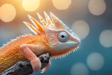 Wall Mural - Lizard resting on a branch with colorful background during golden hour light