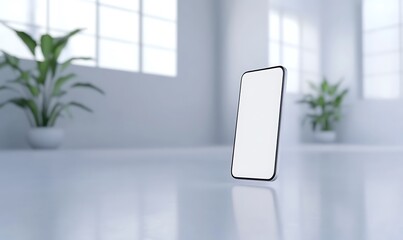 Fototapete - A futuristic smartphone featuring a blank white screen, ideal for showcasing app designs or technology concepts.