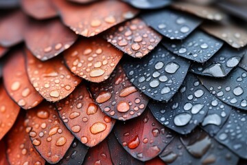 Poster - Close-up of layered shingles with droplets reflecting light after a rain in a residential setting