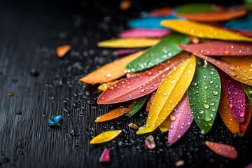 Poster - Colorful water droplets on vibrant leaves arranged on a textured surface