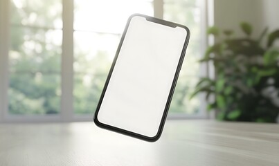Poster - A modern smartphone featuring a blank white screen, ideal for showcasing app designs or product mockups.
