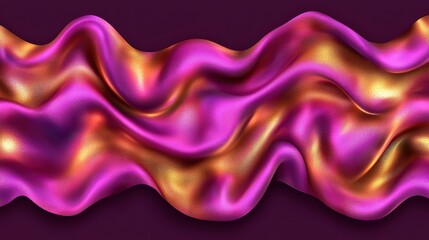 Poster - Purple and gold wavy background with abstract iridescent metal waves and surreal reflection