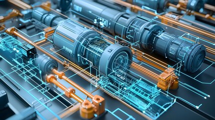 Poster - intricate 3d schematic diagram showcasing the interconnected modules and flow of a sophisticated dig