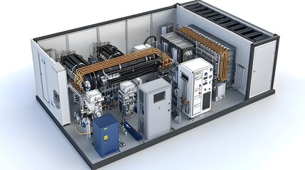 Poster - Detailed 3D schematic of an interconnected modular industrial system showcasing the flow and various functional components and modules that make up the complex technological infrastructure