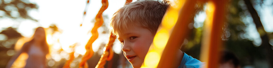 Wall Mural - Young Boy Near Orange Playground Structure at Sunset