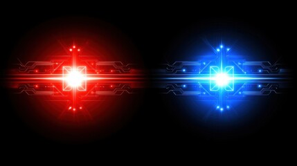 Poster - Two abstract lights on a black background glowing in blue and red futuristic circuits design