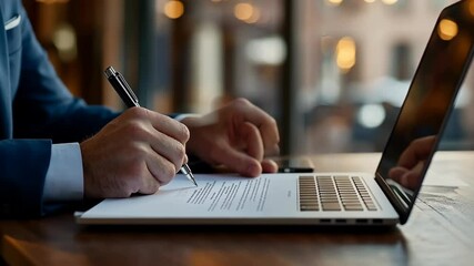 Businessman writing a contract or superimposed copy space for text. A business man in a blue suit sitting at an office desk using a laptop computer and holding a pen to write on a document,