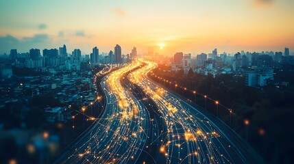 Poster - aerial view of a bustling metropolis at sunset showcasing a network of high rise buildings highways 
