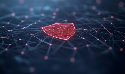Poster - A glowing red shield icon with an interconnected design, ideal for digital graphics and gaming applications.