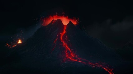 Poster - Bright orange lava flowing from an erupting volcano at night, casting a dramatic glow over the dark landscape with streams of molten rock and intense fire illuminating the scene
