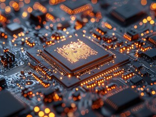 Poster - Closeup Integrated Circuit board background texture chip PCB technology with glowing orange lines
