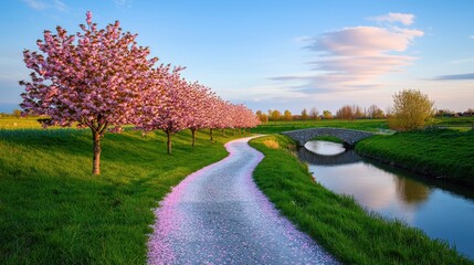 Wall Mural - Pink Cherry Blossoms Line Scenic Pathway Beside Tranquil Stream