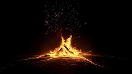 Poster - Bonfire burning brightly with embers and sparks against a dark background, creating a warm and inviting atmosphere, perfect for camping, adventure, and outdoor themes
